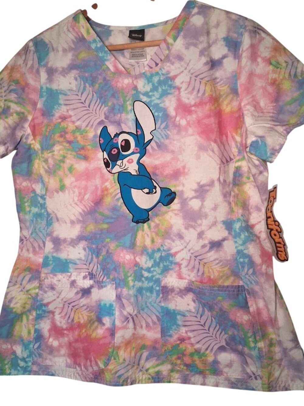 Disney Lilo And Stitch Cherokee Scrub Top Large Batik Tie Dye Character Kisses